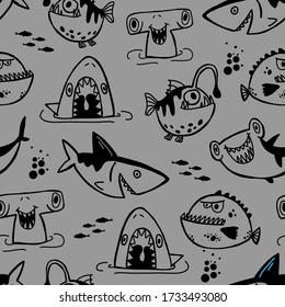 Seamless  Sketch  shark pattern, print for T-shirts, textiles, wrapping paper, web. Original design with shark  silhouette .  grunge design for boys and girls