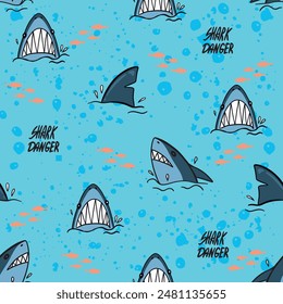 Seamless  Sketch  shark pattern, print for T-shirts, textiles, wrapping paper, web. Original design with shark  silhouette .  grunge design for boys and girls