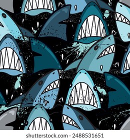 Seamless  Sketch  shark pattern, print for T-shirts, textiles, wrapping paper, web. Original design with shark  silhouette .  grunge design for boys and girls