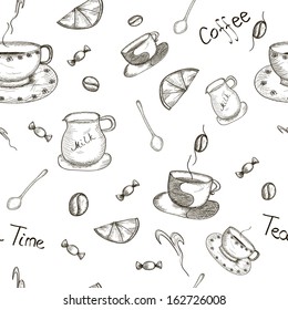 Seamless Sketch Tea Coffee Background. Vector Illustration.
