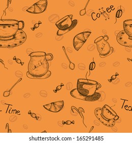 Seamless Sketch Tea Coffee Background. Vector Illustration.