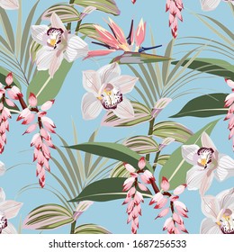 Seamless sketch, tropical flower and leaves summer print. Pattern with blue background for printing.