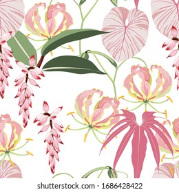 Seamless sketch, tropical flower summer print. Pattern background for printing. Bright pink colors backdrop.