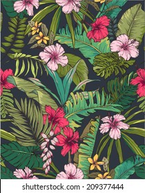 seamless sketch tropical flower summer print vector pattern background