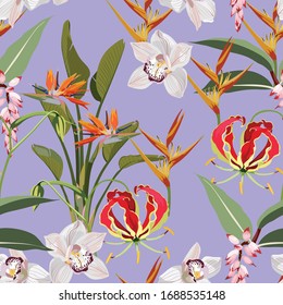 Seamless sketch, tropical Gloriosa and many kind flower and leaves summer print. Pattern background for printing.