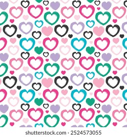 Patrón de corazón dibujado sin fisuras. Repetir la impresión de Vector con una variedad de corazones de color rosa, verde, púrpura y azul sobre un fondo blanco. Patrón textil de la ropa. Dibujado a mano ilustración.