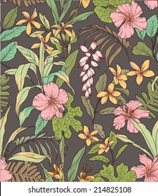 seamless sketched tropical flower summer print vector pattern background