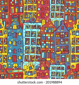 Seamless sketchy amsterdam holland background. Rows of old houses