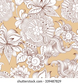 Seamless of sketchy doodles decorative floral pattern on  beige background for design