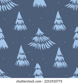 A seamless sketchy pattern with pine trees, a winter forest background in light blue