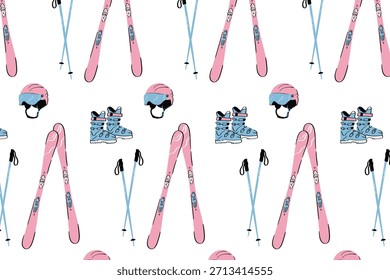 Seamless ski gear pattern with skis, poles, helmets and boots. Hand-drawn winter sports design for textile prints, packaging and alpine-themed projects.