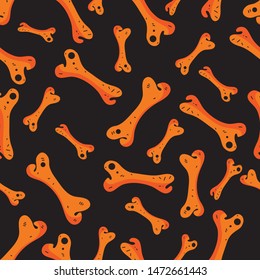 Seamless skull and bone pattern on black background in vector. Background of orange skeleton. Bright design for textile, paper, Wallpaper, packaging. Festive decoration of happy Halloween