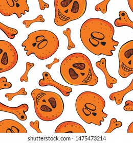 Seamless skull and bone pattern on white background in vector. Background of orange skeleton. Bright design for textile, paper, Wallpaper, packaging. Festive decoration of happy Halloween