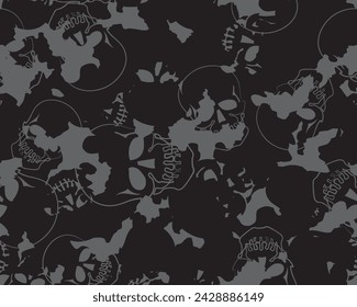 Seamless skull camouflage pattern. Hand drawn vector pattern with skulls mixed into camouflage design. Black and gray print.