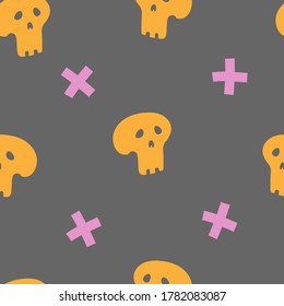 Seamless skull and cross pattern in vector illustration. Paper and textile design. Orange and pink on gray background. Skeleton, bones, anatomic, Halloween design, party, festive, paper, textile. 