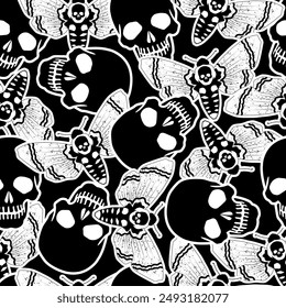 Seamless skull and hawk moth deadhead background. Black and white background with skulls and moths. Vector illustration isolated on a black background for design and web.