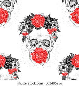 Seamless skull pattern background. Skull with flowers.Rose in mouth. lily.White background.