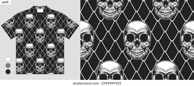 Seamless skull pattern with barbed wire, punk rock street art, textile fashion mockup presentation, fabric print, Hawaiian shirts, gothic alternative clothing, vector art, not AI generated