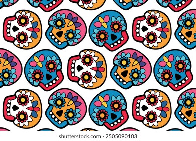 Seamless skull pattern, Dia de los Muertos theme, bright colors on white, textile design, wallpaper, colorful sugar skulls in a repeating pattern