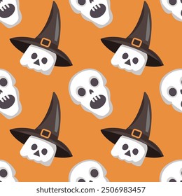 Seamless skull pattern in hats. Halloween holiday. Fabulous vintage background. Vector illustration. Can be used in web design, social media, printing, wallpaper