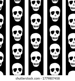 seamless skull pattern on a black and white striped background. Striped pattern with skulls.Design for Halloween, Day of the dead. Vector illustration