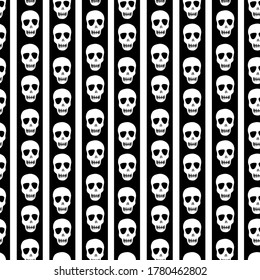 seamless skull pattern on a black and white striped background. Striped pattern with skulls.Design for Halloween, Day of the dead. Vector illustration