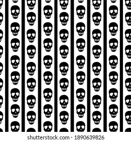 seamless skull pattern on a black and white striped background. Striped pattern with skulls.Design for Halloween, Day of the dead. Vector stock illustration