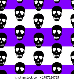 seamless skull pattern on a purple and white striped background. Bright striped pattern with black skulls.Design for Halloween party, Day of the dead. Vector illustration