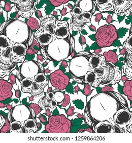 Seamless skull pattern with roses.Dia de los Muertos. Vector illustration.
