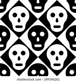 Seamless Skull and Square Pattern. Abstract Black and White Background. Vector Regular Texture