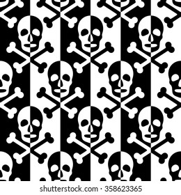 Seamless Skull and Stripe Pattern. Abstract Black and White Background. Vector Regular Texture