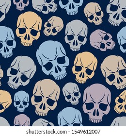Seamless skulls background, vector pattern with crazy sculls, horror and death theme, Hard Rock and Rock N Roll subculture prints textile, hazard and danger.