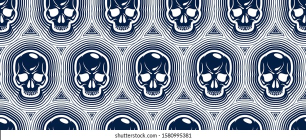 Seamless skulls background, vector pattern with crazy sculls, horror and death theme, Hard Rock and Rock N Roll subculture prints textile, hazard and danger.