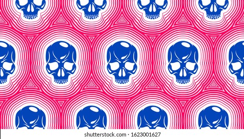 Seamless skulls background, vector pattern with crazy sculls, horror and death theme, Hard Rock and Rock N Roll subculture prints textile, hazard and danger.