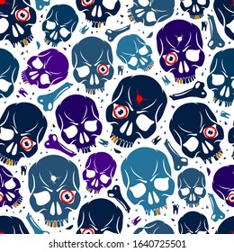 Seamless skulls background, vector pattern with crazy sculls, horror and death theme, Hard Rock and Rock N Roll subculture prints textile, hazard and danger.