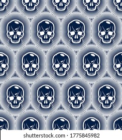 Seamless skulls background, vector pattern with crazy sculls, horror and death theme, Hard Rock and Rock N Roll subculture prints textile, hazard and danger.