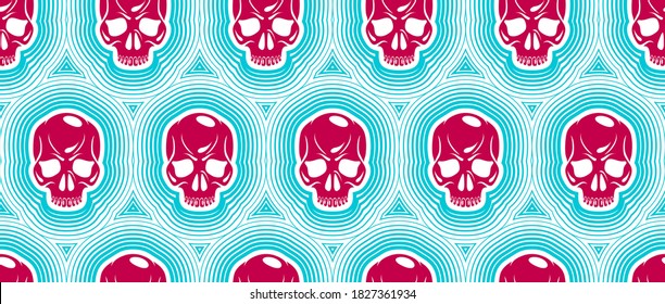 Seamless skulls background, vector pattern with crazy sculls, horror and death theme, Hard Rock and Rock N Roll subculture prints textile, hazard and danger.