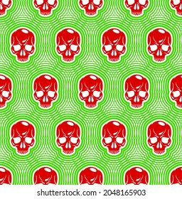 Seamless skulls background, vector pattern with crazy sculls, horror and death theme, Hard Rock and Rock N Roll subculture prints textile, hazard and danger.