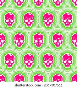 Seamless skulls background, vector pattern with crazy sculls, horror and death theme, Hard Rock and Rock N Roll subculture prints textile, hazard and danger.