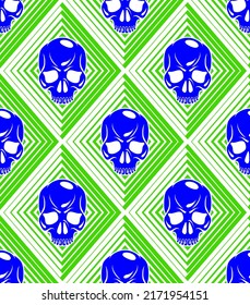 Seamless skulls background, vector pattern with crazy sculls, horror and death theme, Hard Rock and Rock N Roll subculture prints textile, hazard and danger.