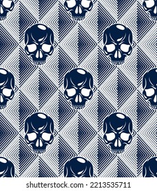 Seamless skulls background, vector pattern with crazy sculls, horror and death theme, Hard Rock and Rock N Roll subculture prints textile, hazard and danger.