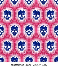 Seamless skulls background, vector pattern with crazy sculls, horror and death theme, Hard Rock and Rock N Roll subculture prints textile, hazard and danger.