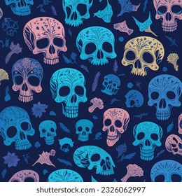 Seamless skulls background, vector pattern with crazy sculls, horror and death theme. Pattern with colorful skulls. Skulls seamless pattern