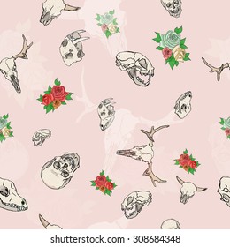 Seamless with skulls and roses