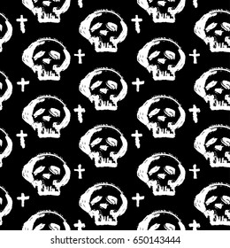 Seamless skulls textile doodle pattern grunge texture.Trendy modern ink artistic design with authentic,unique scrapes, watercolor blotted background for a logo, cards, invitations, posters, banners.