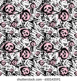 Seamless skulls textile doodle pattern grunge texture.Trendy modern ink artistic design with authentic,unique scrapes, watercolor blotted background for a logo, cards, invitations, posters, banners.