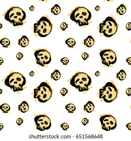 Seamless skulls textile doodle pattern grunge texture.Trendy modern ink artistic design with authentic,unique scrapes, watercolor blotted background for a logo, cards, invitations, posters, banners.