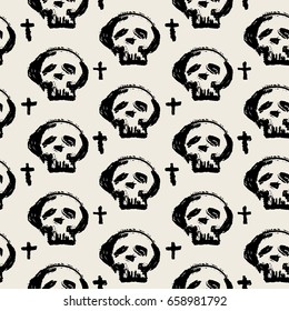 Seamless skulls textile doodle pattern grunge texture.Trendy modern ink artistic design with authentic,unique scrapes, watercolor blotted background for a logo, cards, invitations, posters, banners.