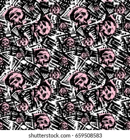 Seamless skulls textile doodle pattern grunge texture.Trendy modern ink artistic design with authentic,unique scrapes, watercolor blotted background for a logo, cards, invitations, posters, banners.