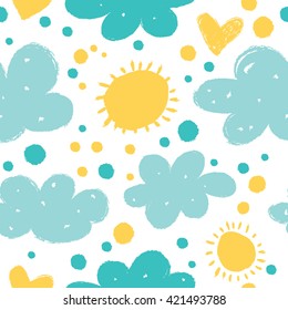 Seamless sky background with clouds, hearts and sun.